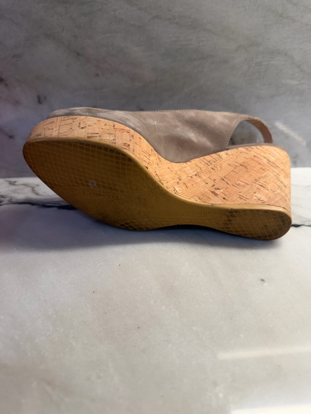 Stuart Weitzman Taupe Suede Cork Wedge Slingback Peep-Toe Sandals - Picture 3 of 4